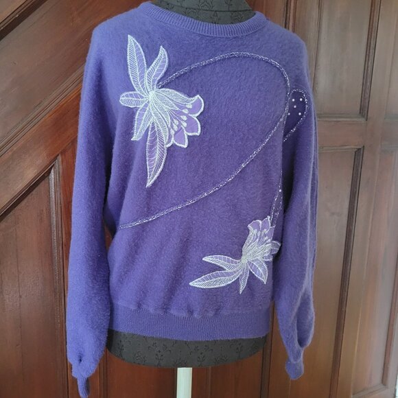 Purple Acrylic Sweater With Embroidered Floral Design - Picture 1 of 6
